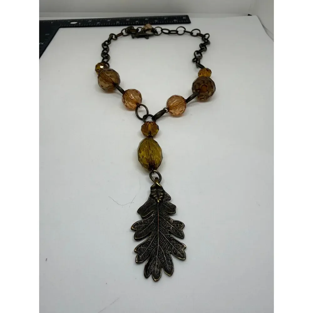 Oak Leaf Pendant Necklace Amber Faceted Beads Bronze Tone Boho Fall Statement